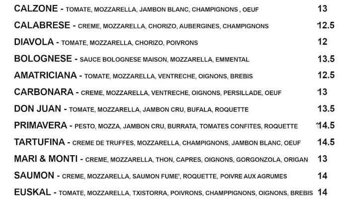 A Tutta Pizza -  Menu - Ascain