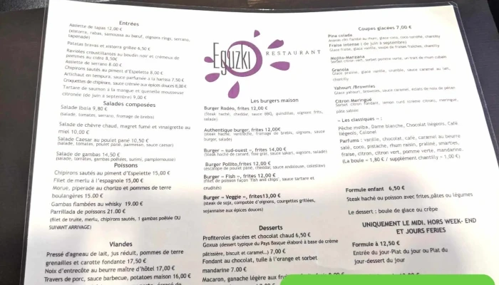 Eguzki Restaurant -  Menu - Ascain