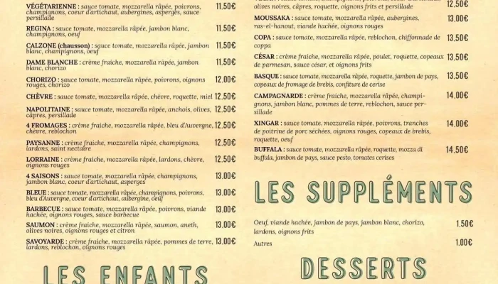 Entre Nous Comptoir A Pizzas Menu - Ascain