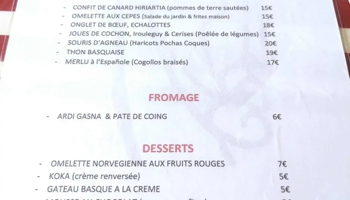 Restaurant Hiriartia -  Menu - Ahetze
